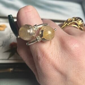 Vintage 925 Sterling silver and quartz bead ball adjustable wrap ring